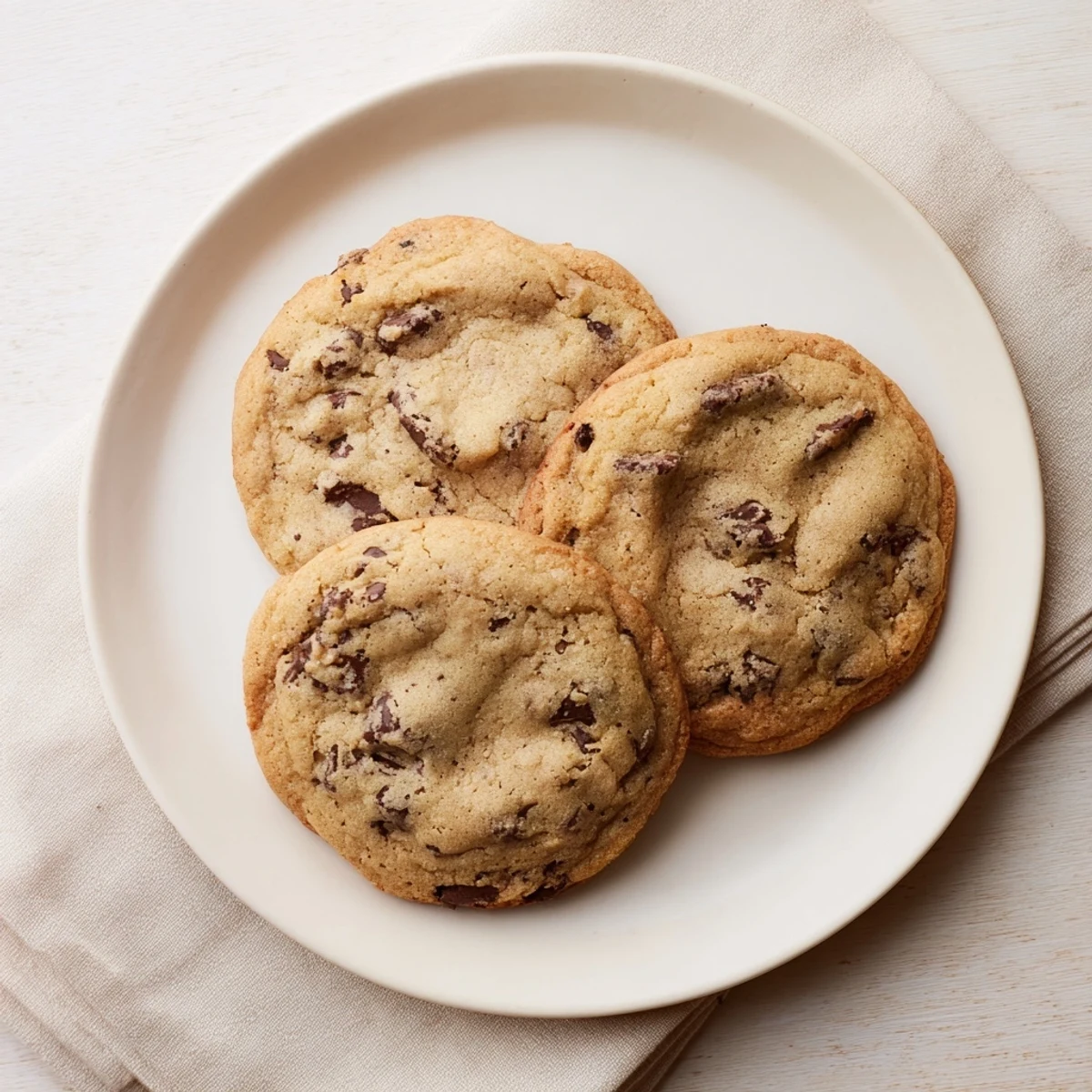 Warm homemade chocolate chip cookies piled high, studded with semi-sweet chocolate morsels