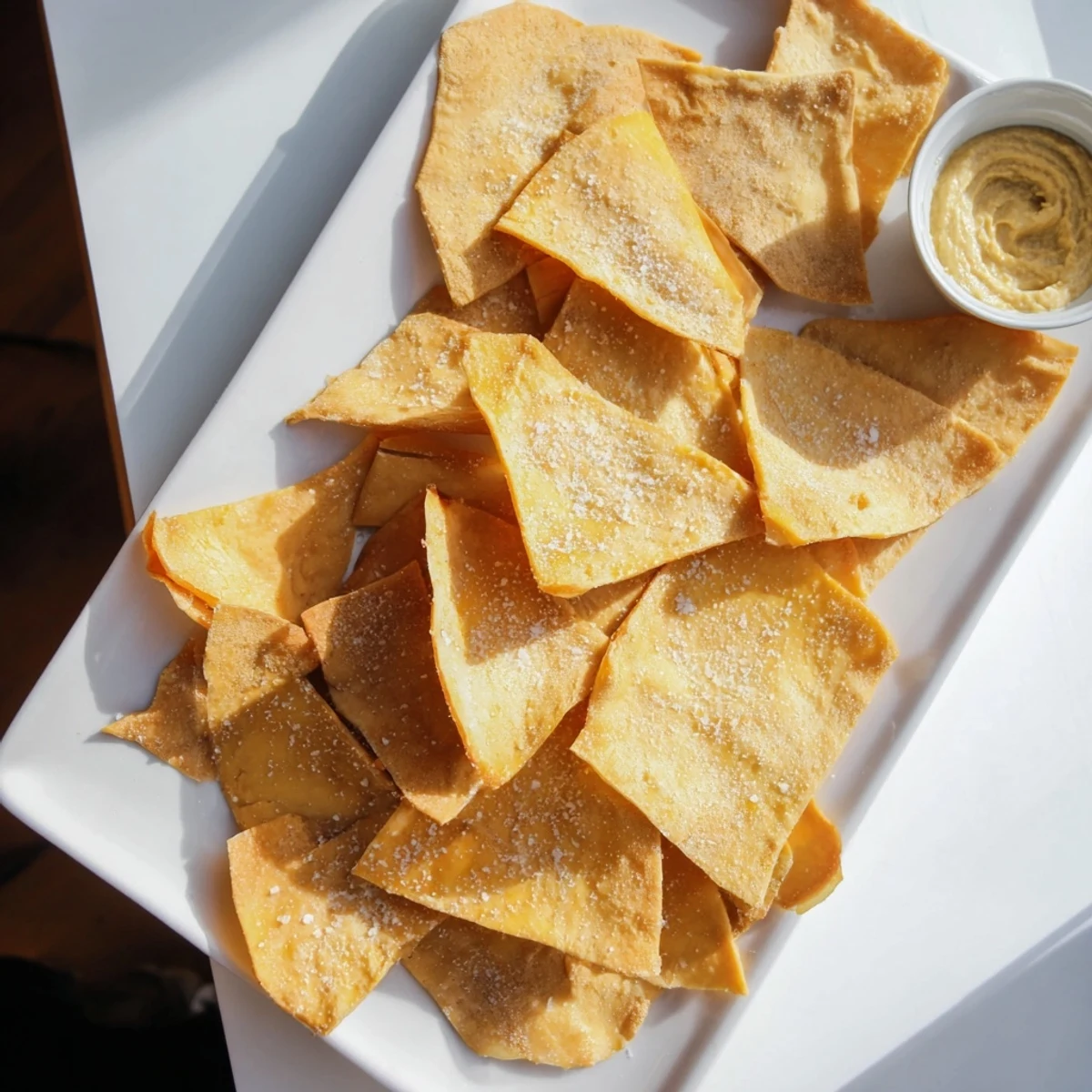 Golden brown crispy chickpea chips arranged on a white plate ready for dipping