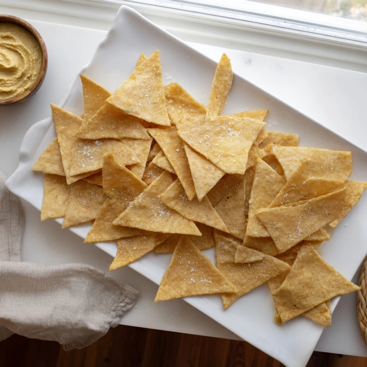 Oven-baked chickpea chips sprinkled with sea salt beside a bowl of creamy hummus