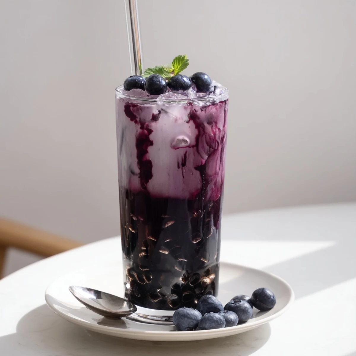 Blueberry Milk Tea Cooler with glossy tapioca pearls, iced, garnished with blueberries