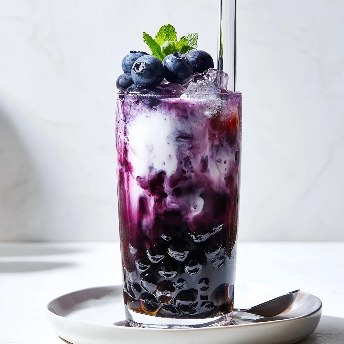 Chilled Blueberry Milk Tea Cooler layered with deep purple syrup and creamy milk