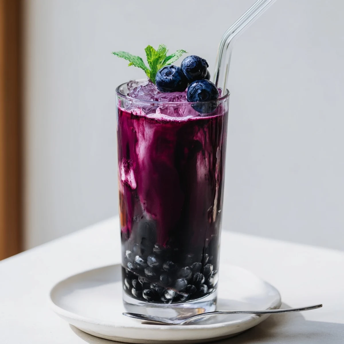 Tall glass Blueberry Milk Tea Cooler served over ice with wide straw