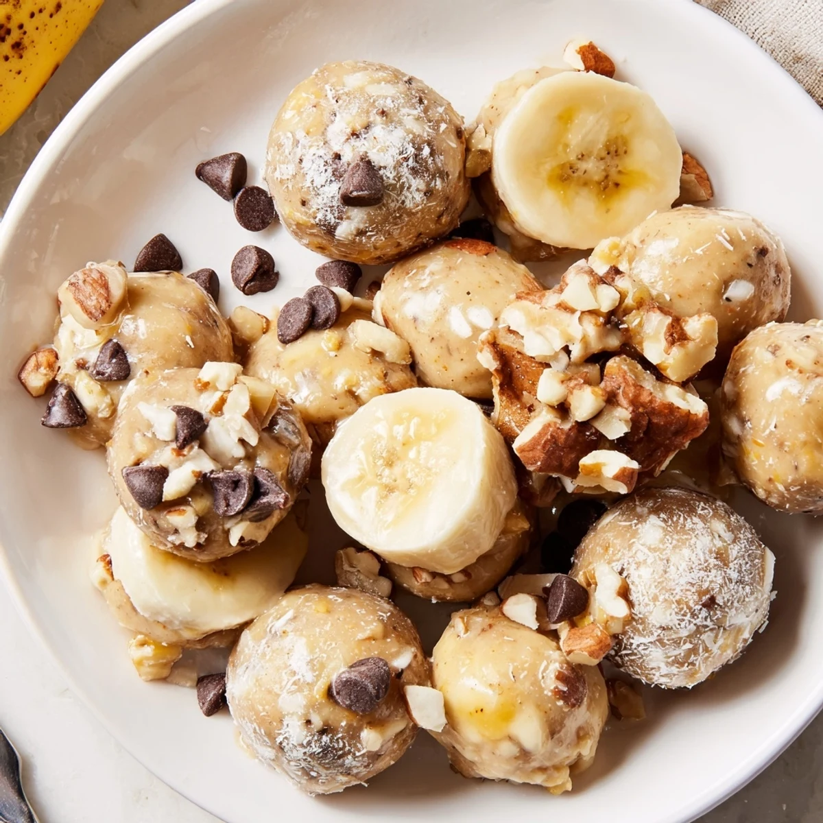 Creamy Frozen Banana Yogurt Bites on parchment, sprinkled with mini chocolate chips