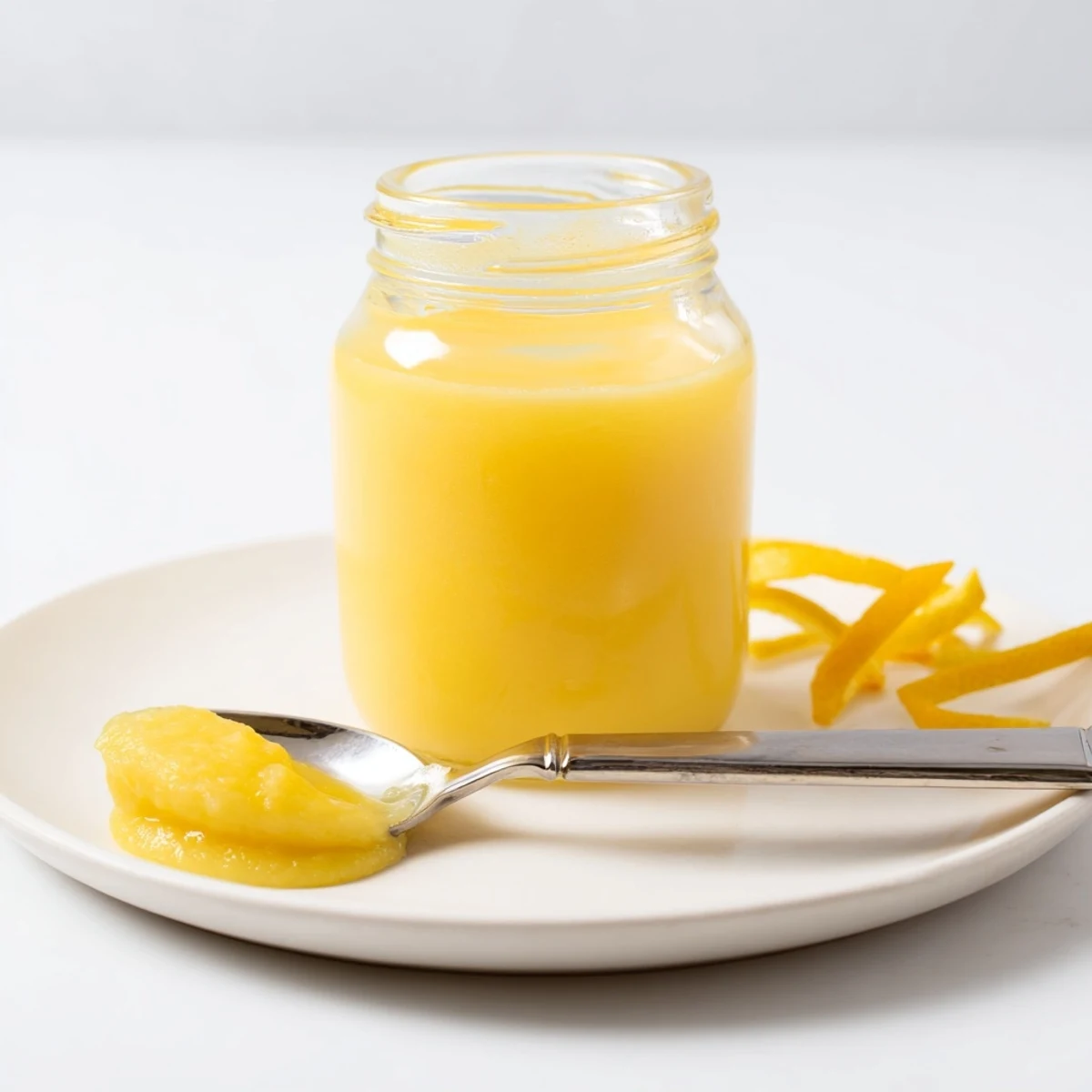 Homemade Lemon Curd glistening in jar, silky texture, bright citrus aroma