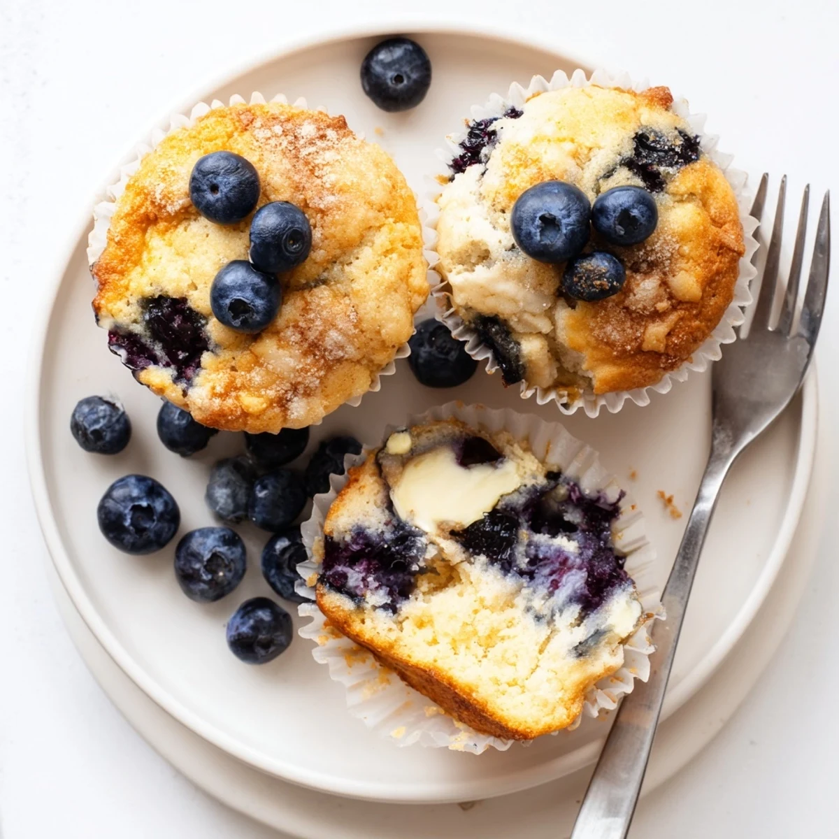 Warm Blueberry Banana Muffins split open, sweet banana aroma, tender crumb