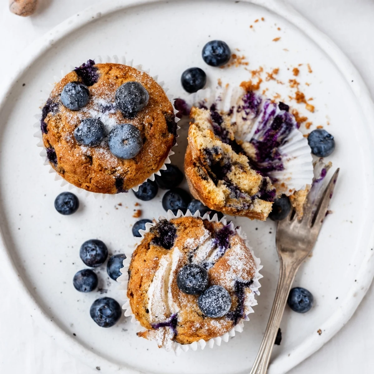 Blueberry Banana Muffins cooling on rack, golden tops, juicy blueberry bursts