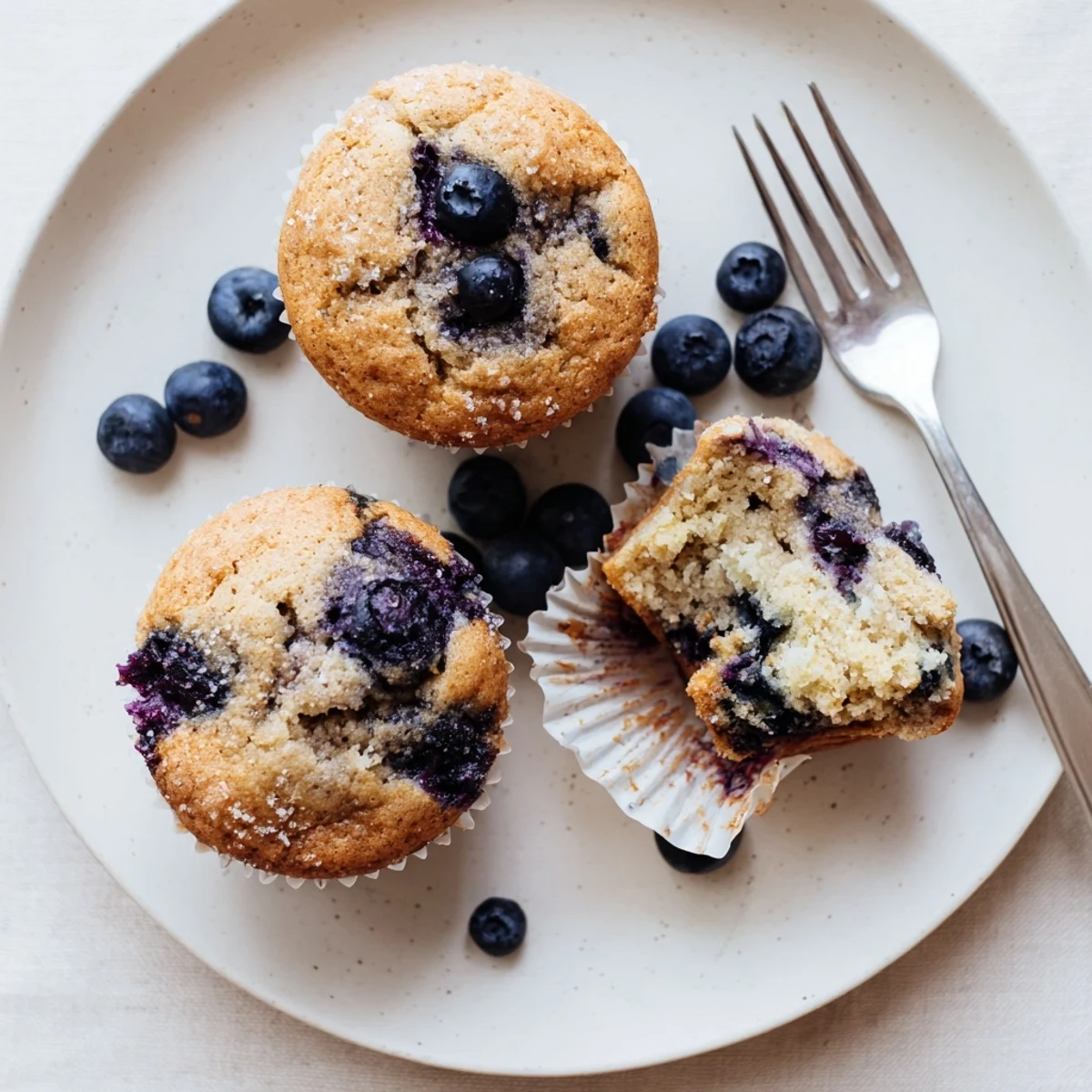Plate of Blueberry Banana Muffins with butter melting, lemon zest hint