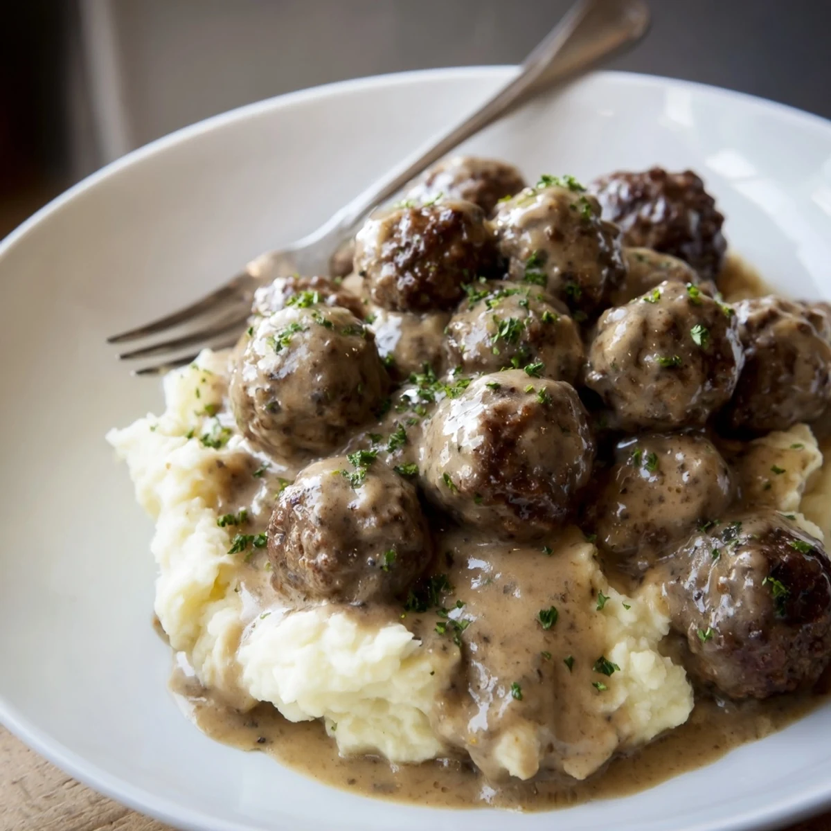 Crockpot Meatballs Gravy spoonful over creamy mashed potatoes, steaming and savory.