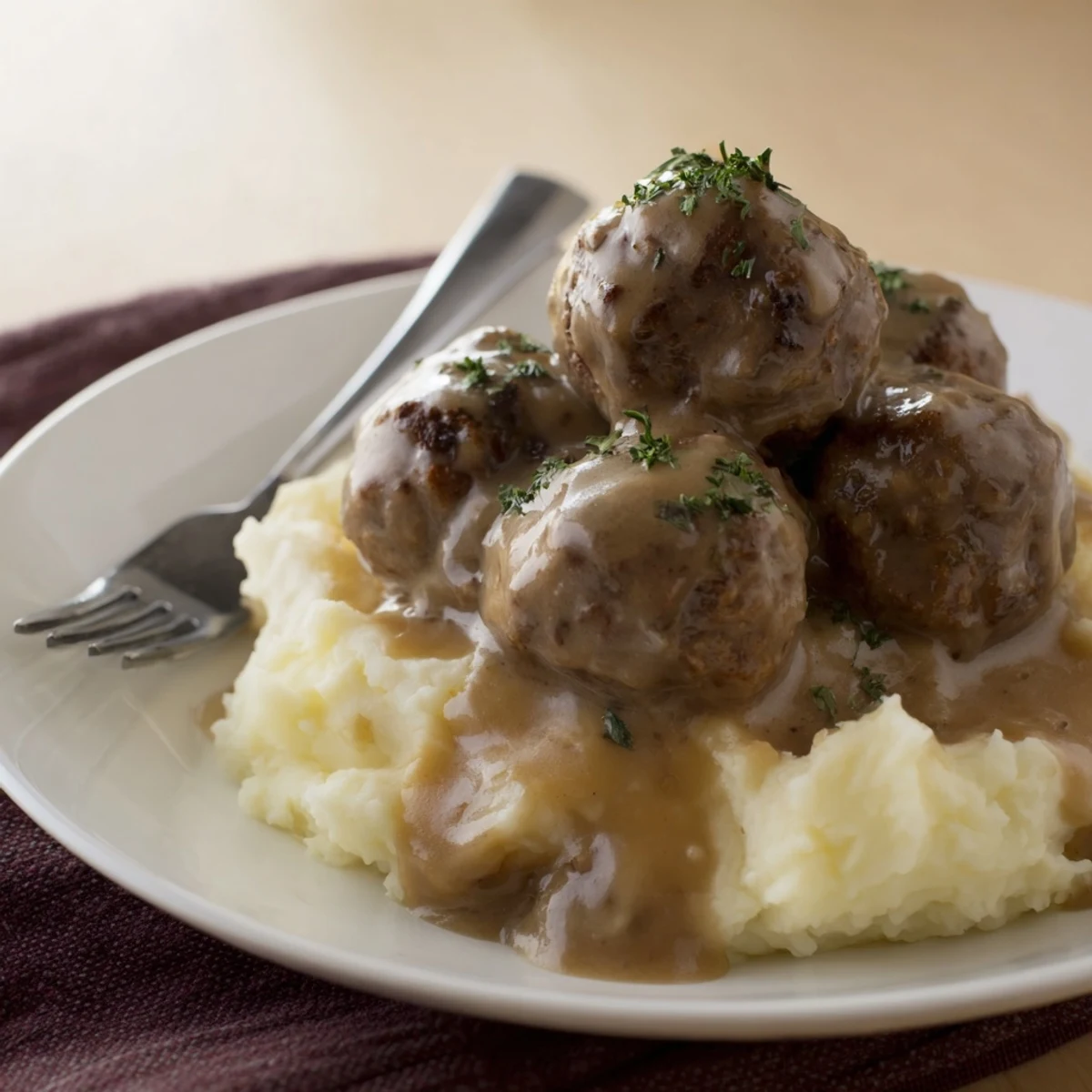 Warm Crockpot Meatballs Gravy bubbling in slow cooker, rich mushroom aroma.