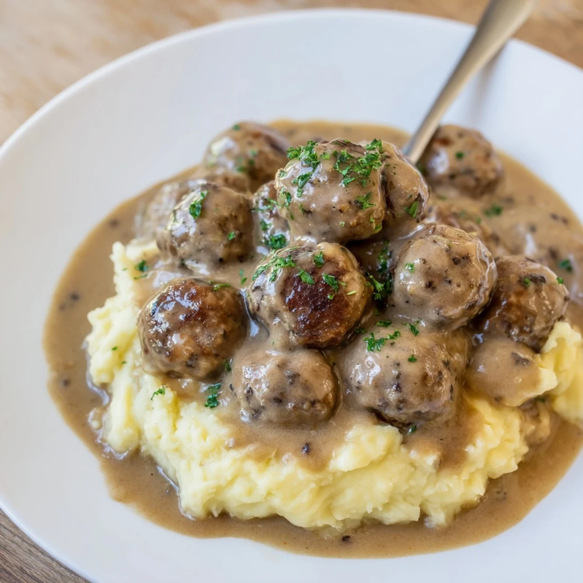 Thick Crockpot Meatballs Gravy ladled over buttered egg noodles, comforting dinner.
