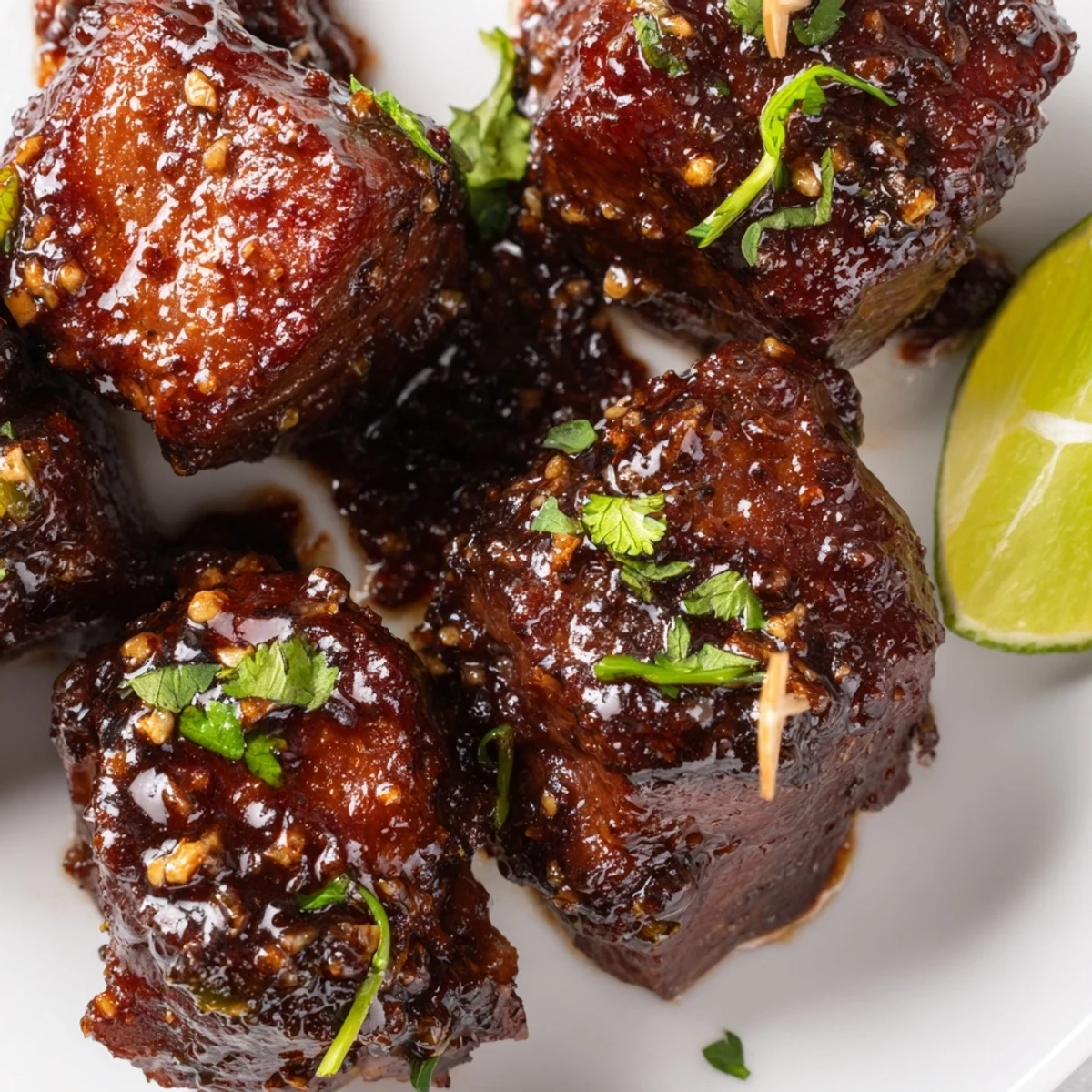 Sweet Spicy Jerk Style Beef Bites sizzling with caramelized edges, served with lime.