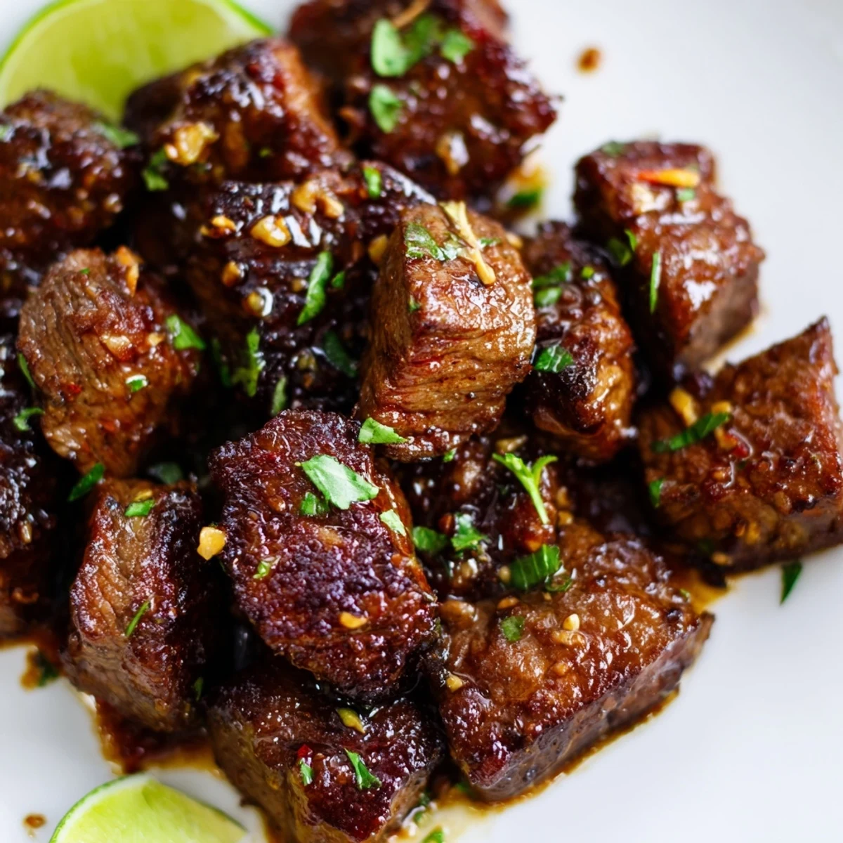 Sweet Spicy Jerk Style Beef Bites glistening in glaze, perfect appetizer with toothpicks.
