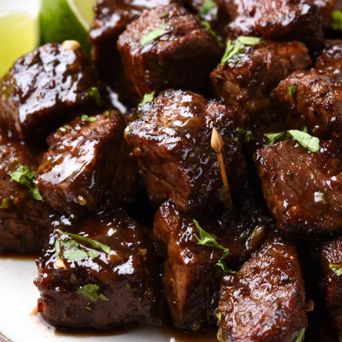 Marinated Sweet Spicy Jerk Style Beef Bites piled on skewers, cilantro garnish.