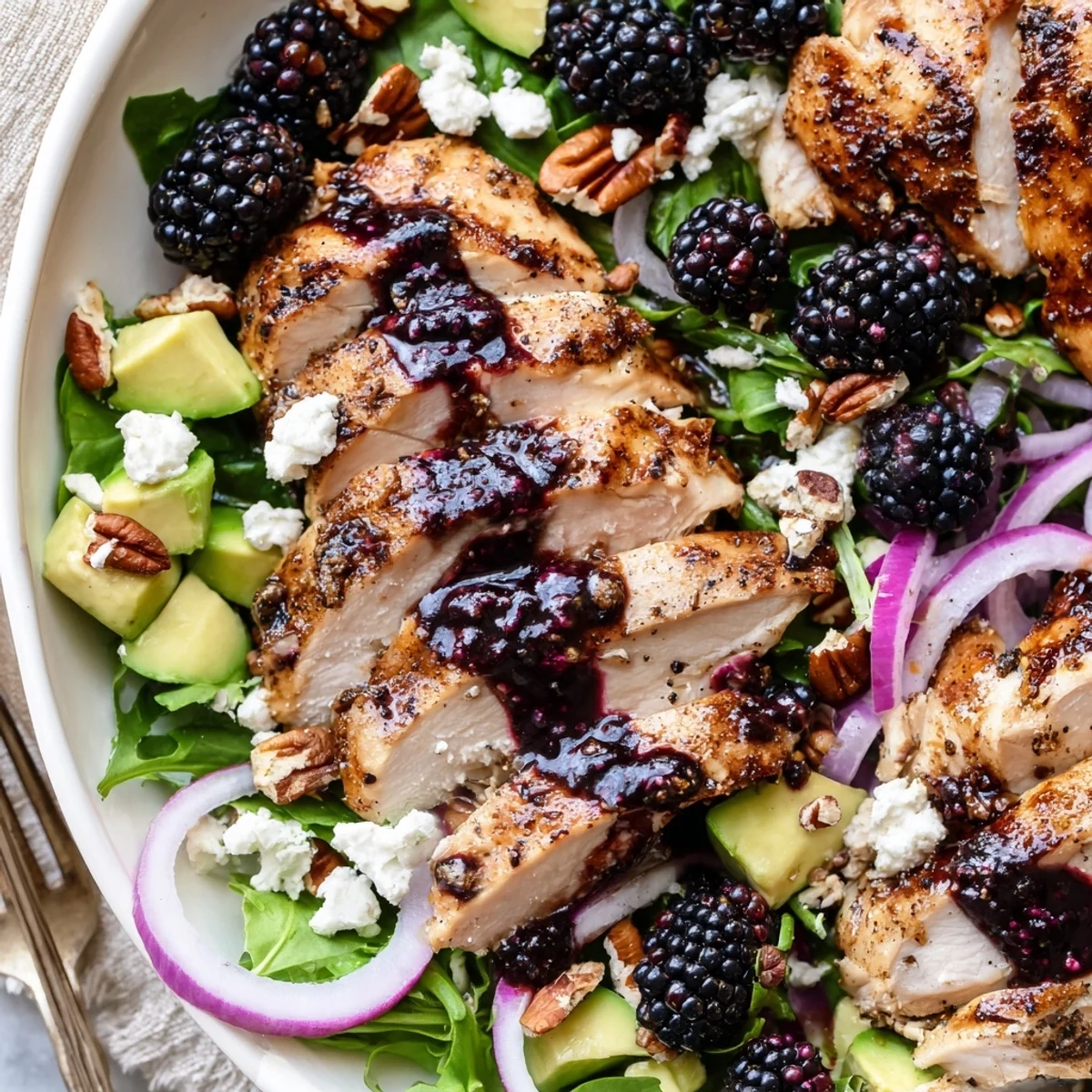 Sweet Tangy Blackberry Chicken Salad Recipe drizzled with glossy vinaigrette, toasted pecans, creamy avocado