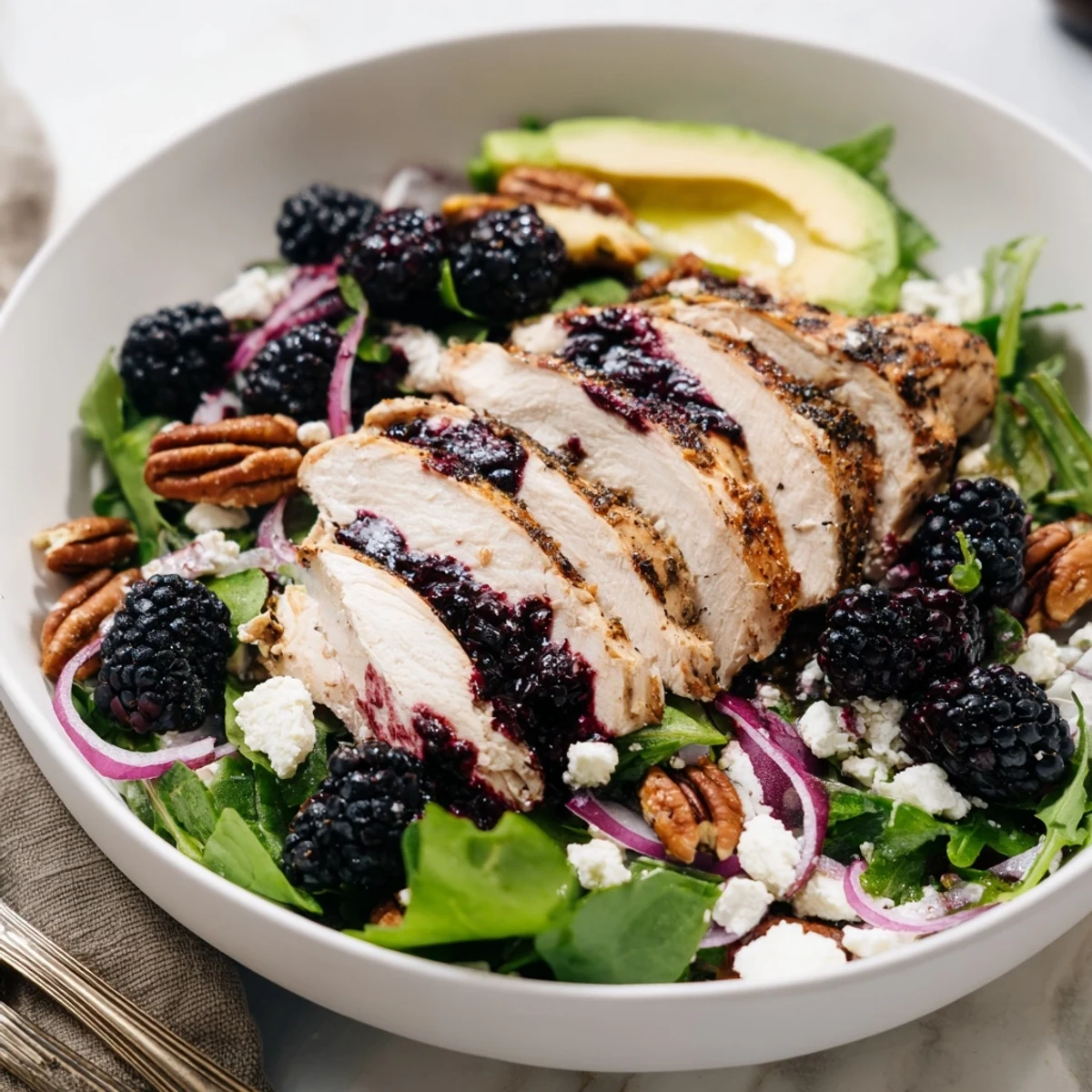 Sweet Tangy Blackberry Chicken Salad Recipe with grilled chicken, juicy blackberries, vibrant greens
