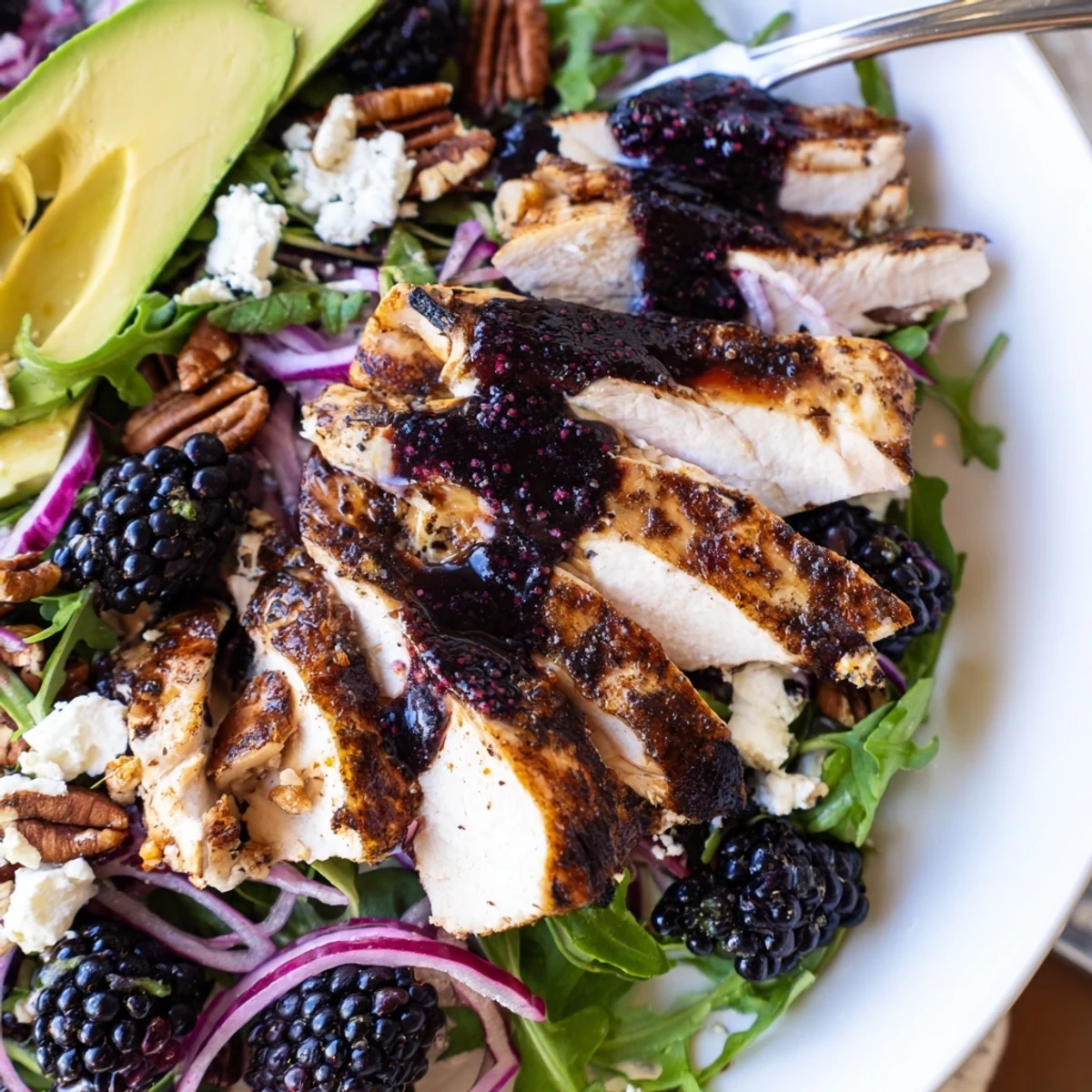 Sweet Tangy Blackberry Chicken Salad Recipe served warm with seared chicken and tart blackberries