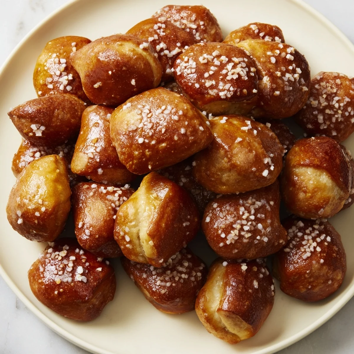 Golden brown homemade soft pretzel bites sprinkled with coarse sea salt on a white platter