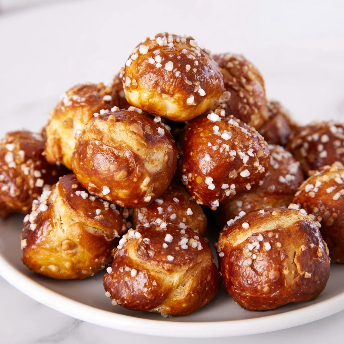 Bite-sized soft pretzel nuggets with shiny egg wash and salt topping freshly baked