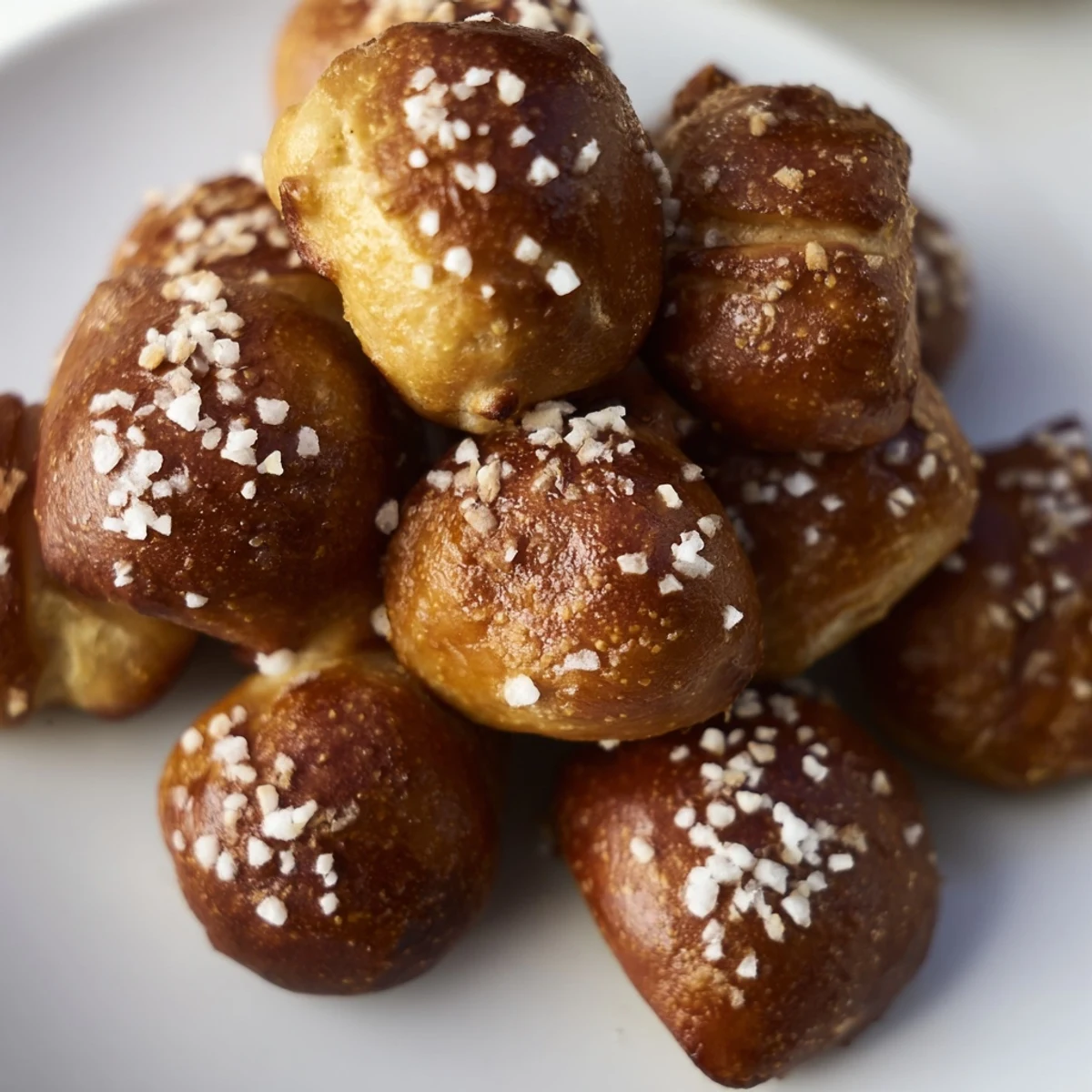 Warm soft pretzel bites arranged on a wooden board ready for dipping with mustard sauce