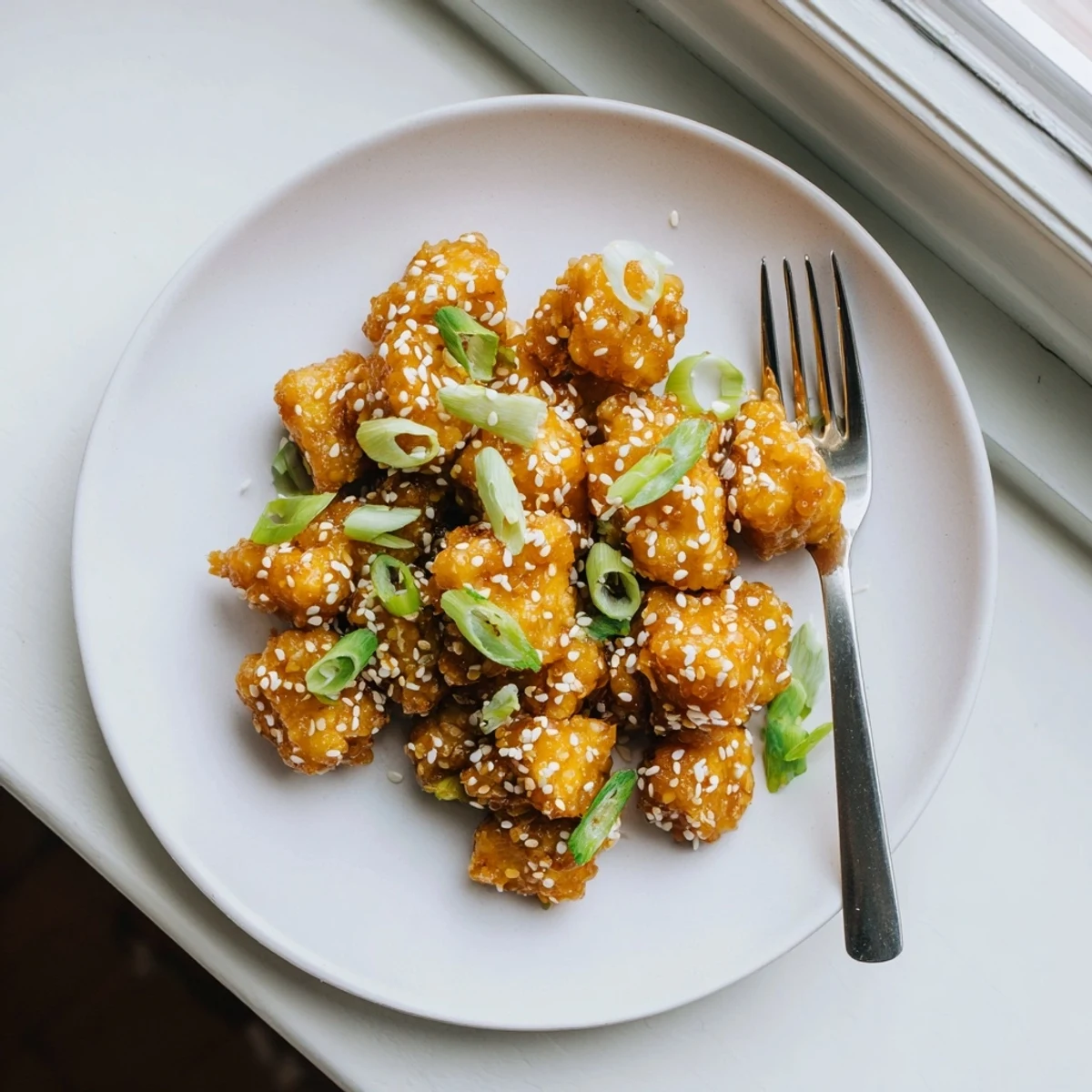 Golden crispy honey garlic tofu cubes glazed in sticky sweet savory sauce