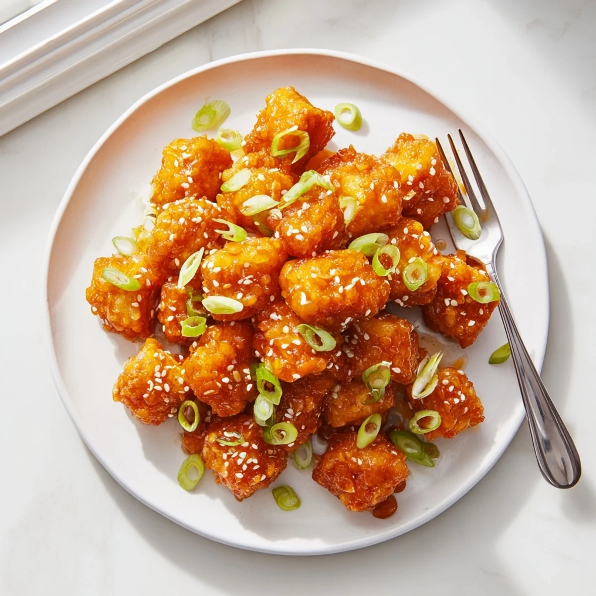 Pan-fried honey garlic tofu pieces coated in thick glossy sauce with sesame seeds