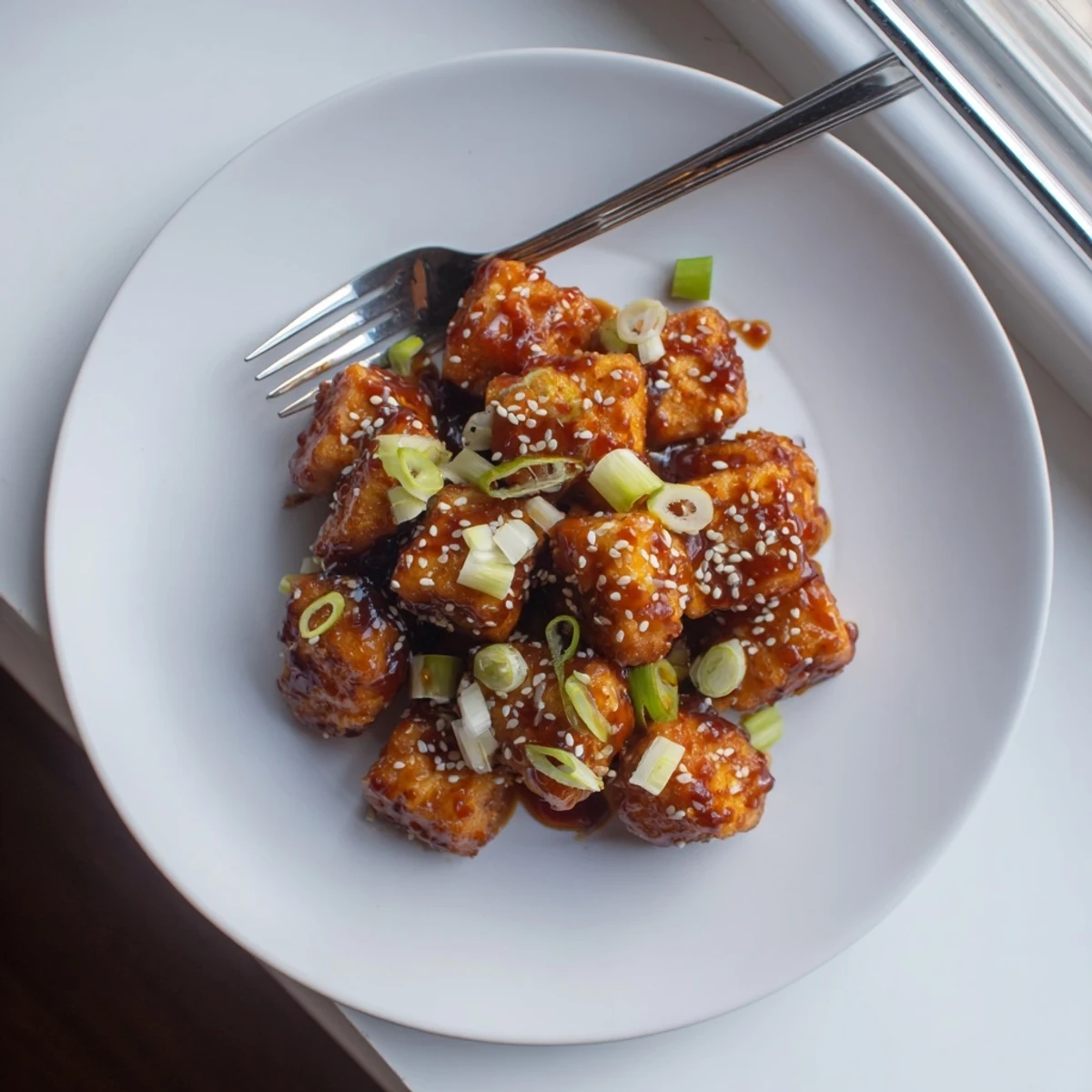 Vegetarian crispy honey garlic tofu served over steamed white rice with green onions