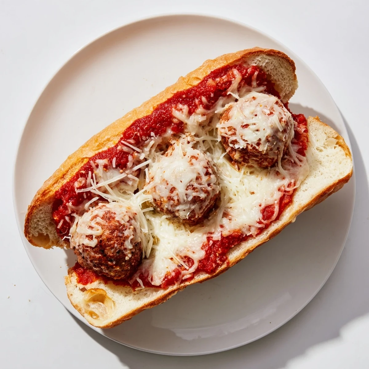 Golden crusty sub roll piled with three cheesy meatball subs smothered in marinara