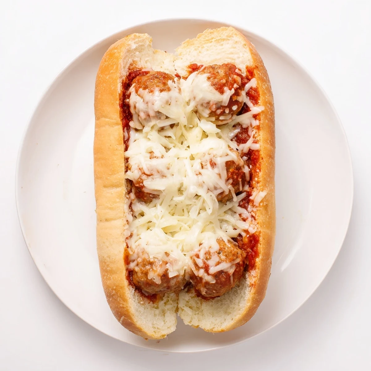 Melty mozzarella topped meatball subs baked until bubbly on toasted garlic butter rolls