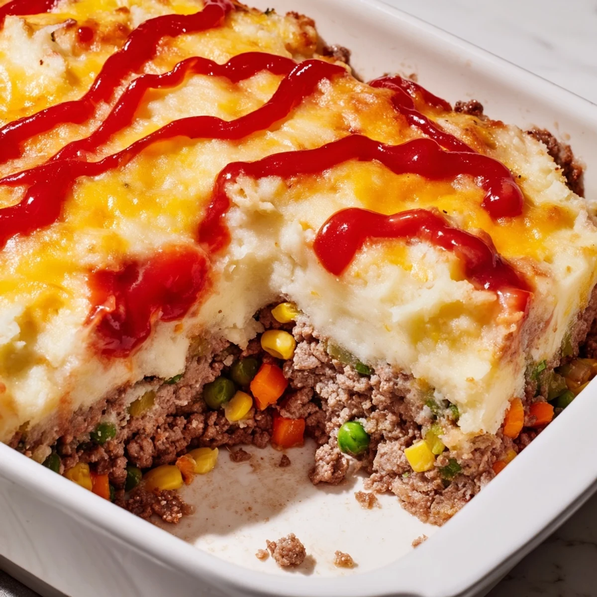 Comforting meatloaf casserole layered with fluffy mashed potato topping and savory ground beef mixed with vegetables