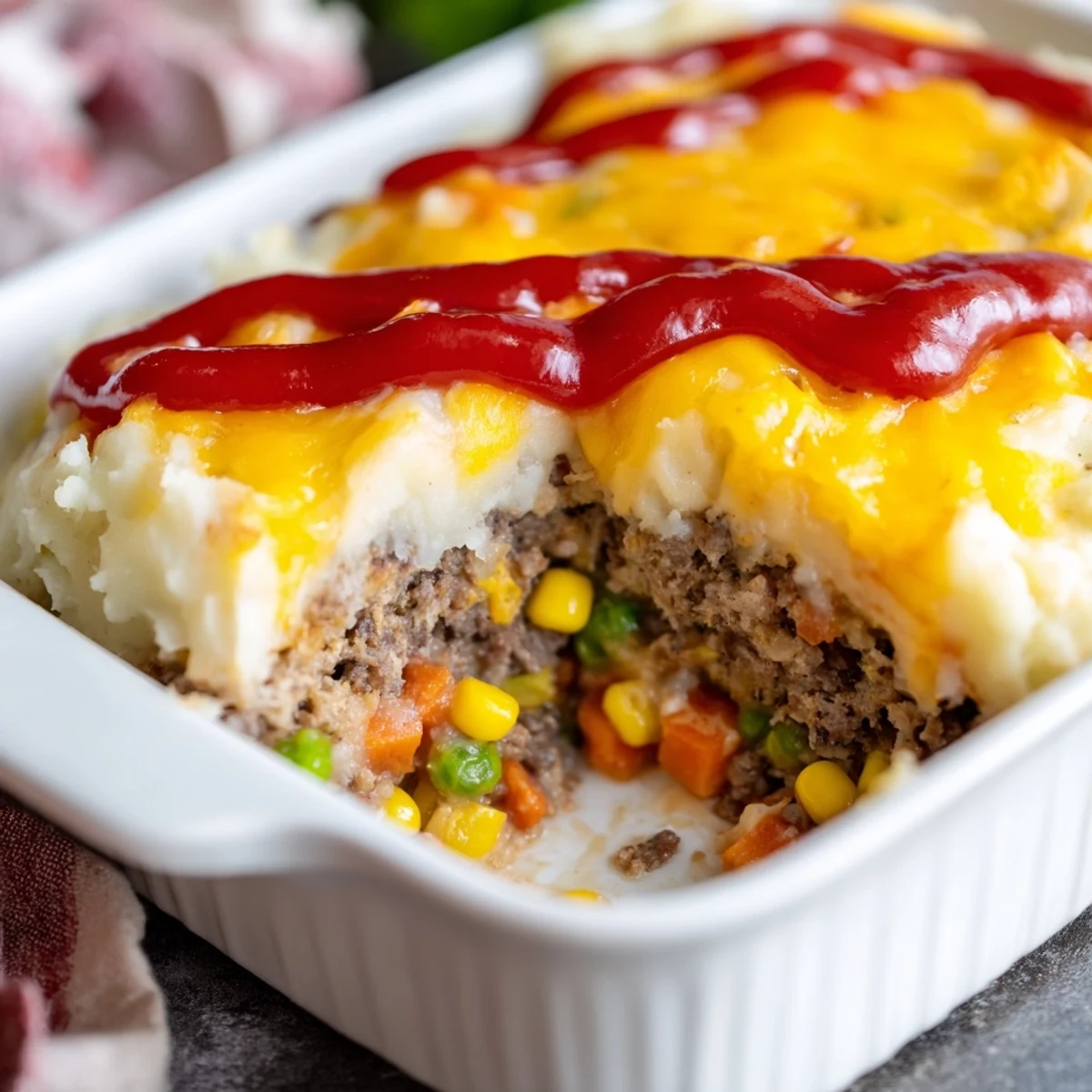 Golden-topped meatloaf casserole with creamy mashed potatoes and melted cheddar cheese bubbling in a baking dish
