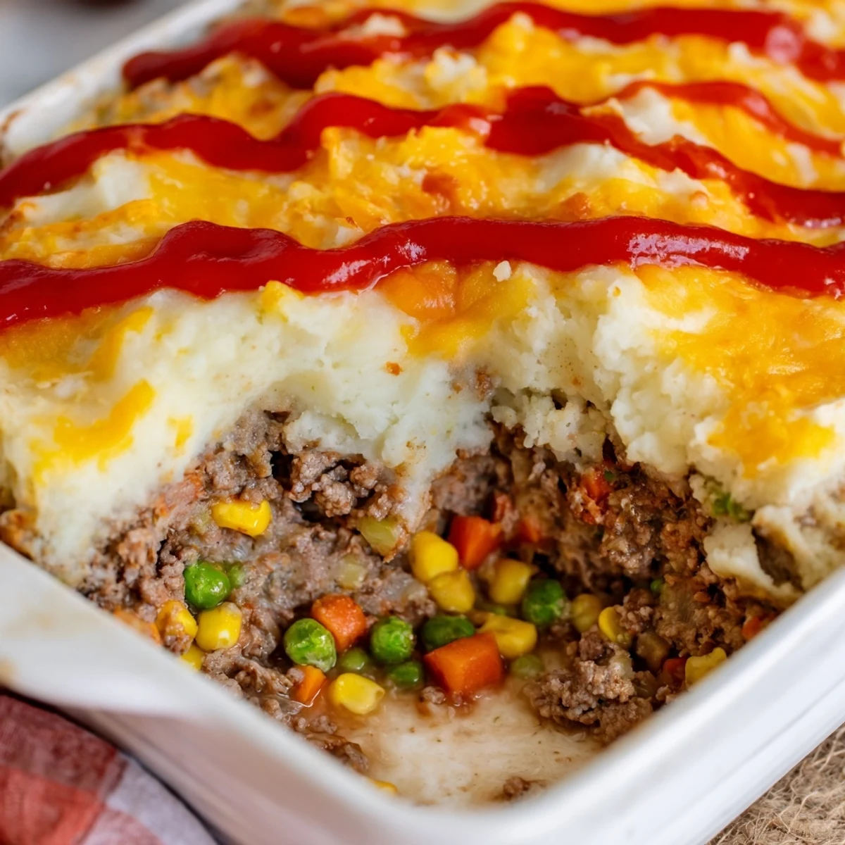 Hearty meatloaf casserole fresh from the oven with ketchup-drizzled mashed potato crust and golden melted cheese layer