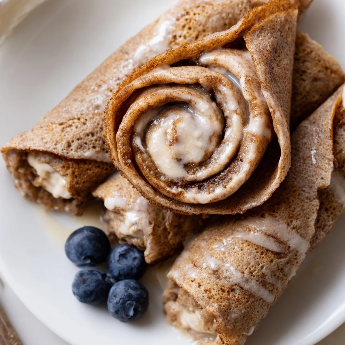 Tender, high-protein Cinnamon Roll Protein Crepes Recipe filled with sweet cream cheese.
