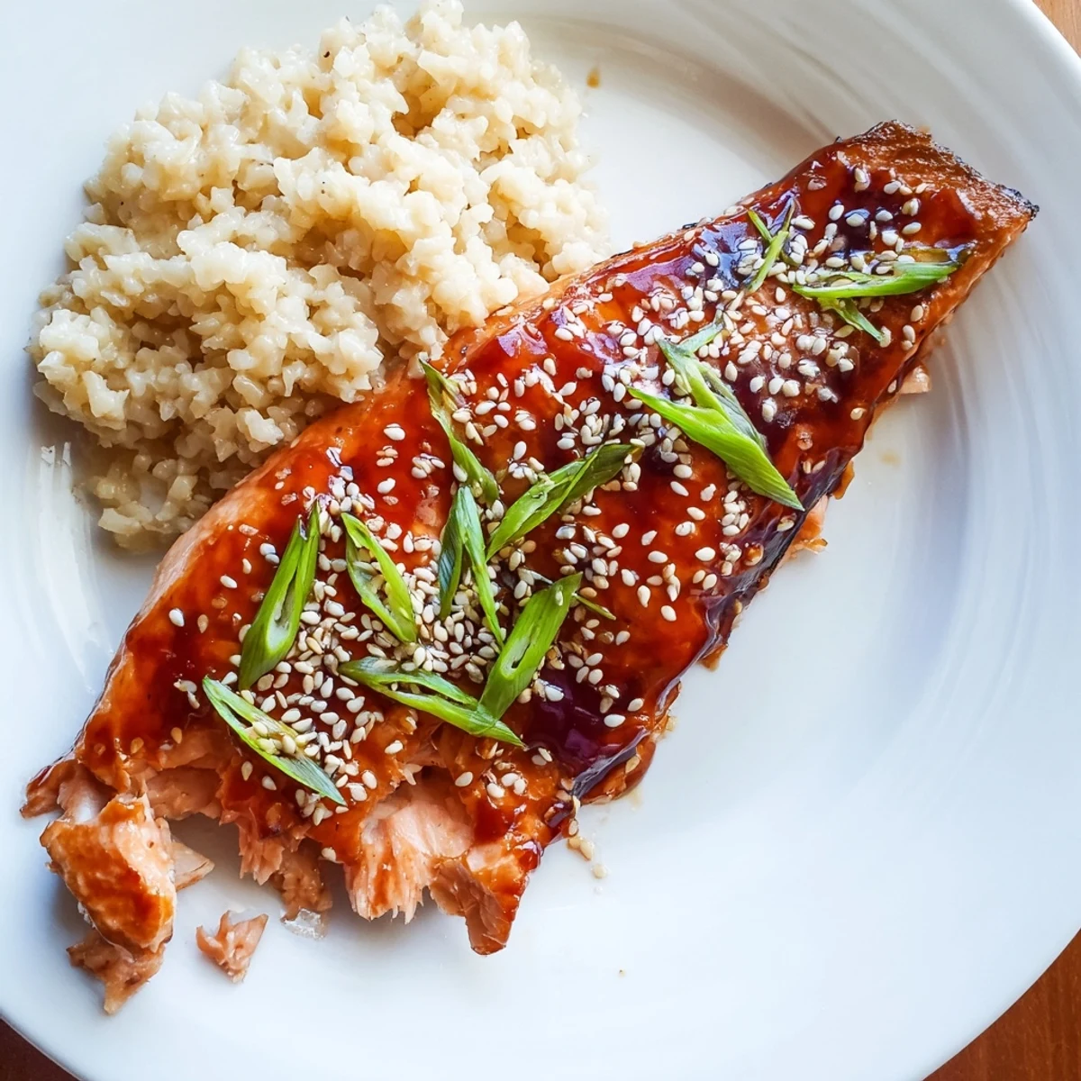Warm Gluten Free Teriyaki Salmon Recipe served over steamed rice, topped with scallions