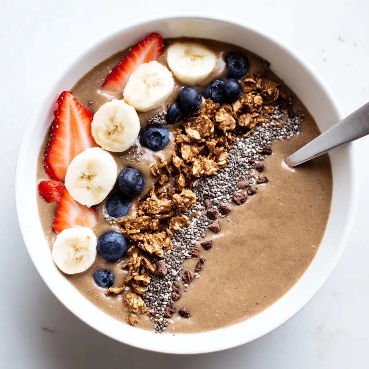 Creamy Coffee Protein Smoothie Bowl Recipe topped with crunchy granola and berries