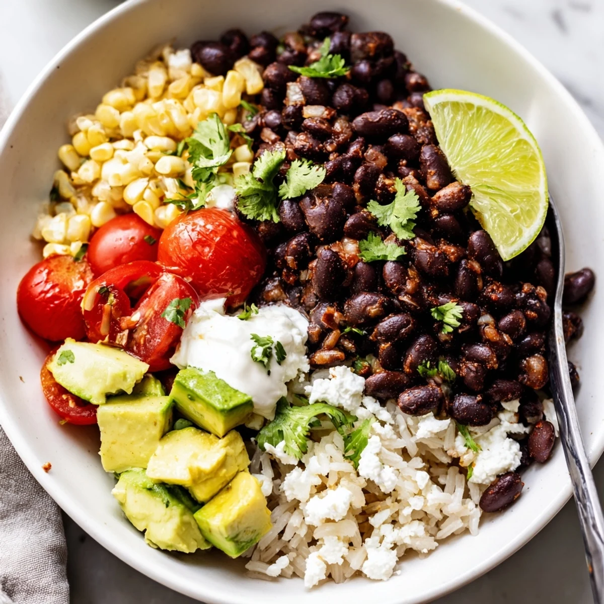 Steaming black bean and rice bowl loaded with colorful tomatoes, corn, and cilantro