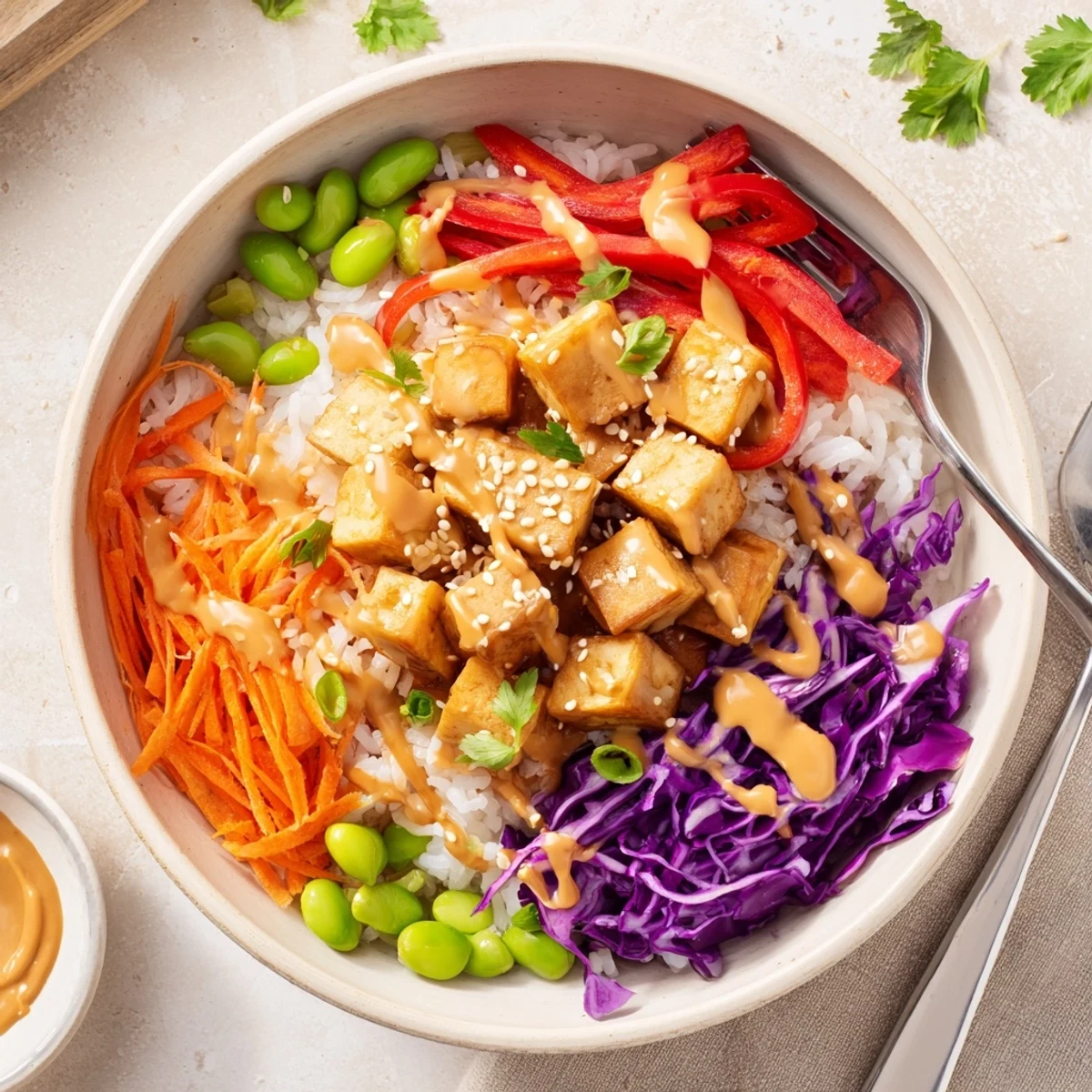 Golden crispy tofu rice bowl with peanut sauce drizzled over colorful fresh vegetables
