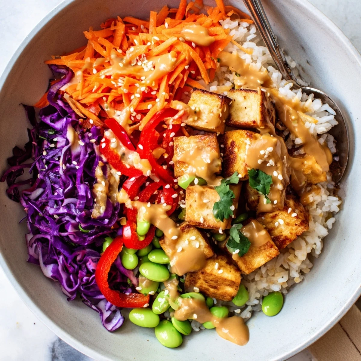 Creamy peanut sauce cascades over a vibrant tofu rice bowl with julienned carrots