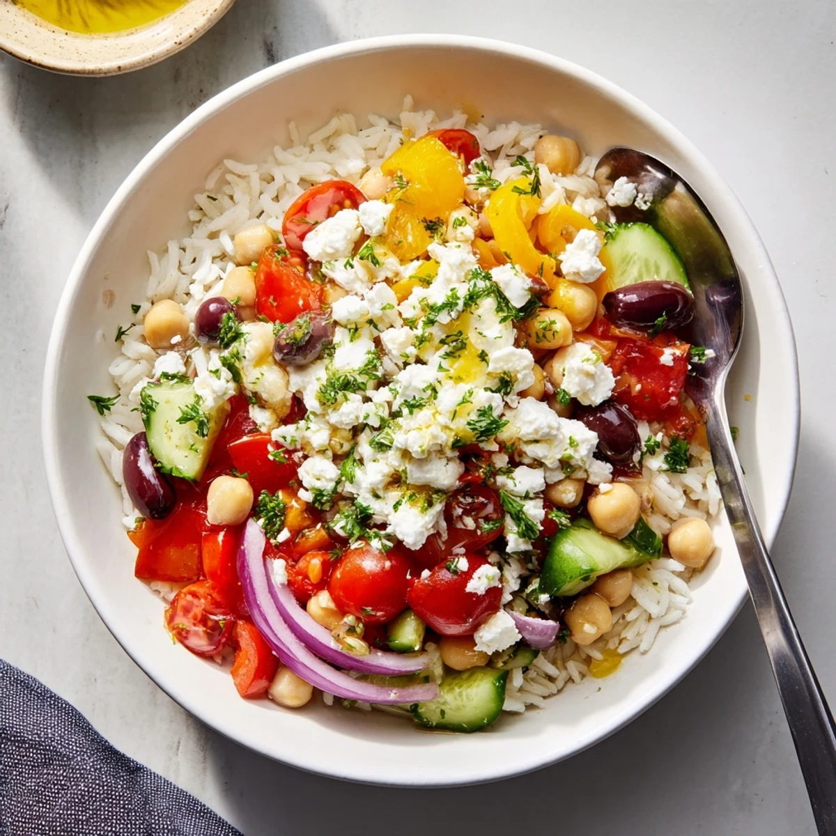 Colorful Mediterranean rice bowl topped with crisp cucumbers, juicy tomatoes, and tangy feta cheese