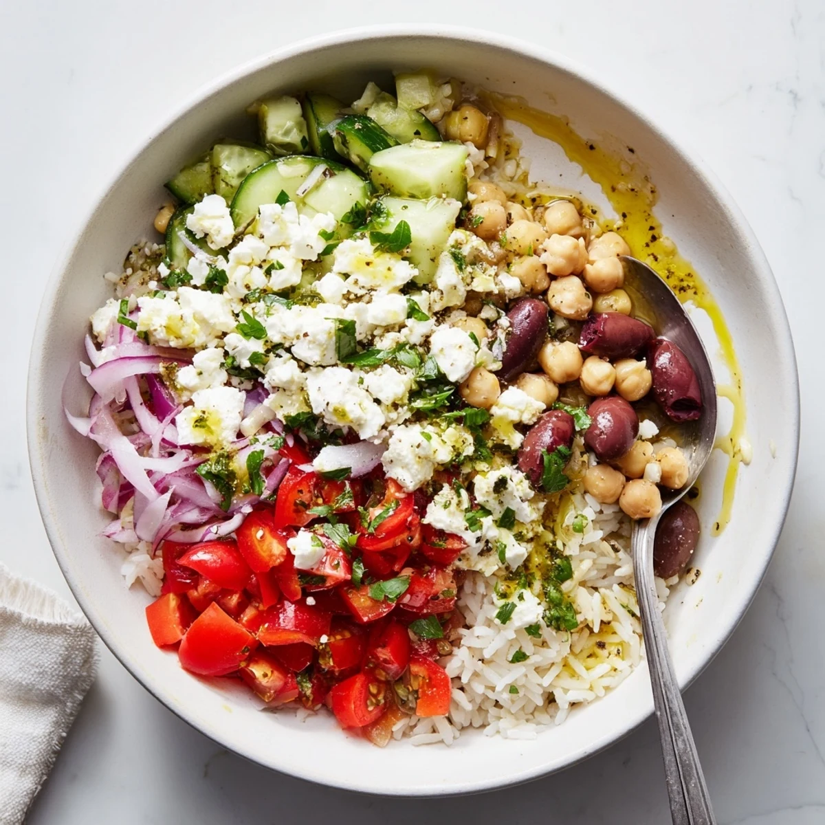 Mediterranean rice bowl drizzled with bright lemon herb dressing over fresh chopped vegetables