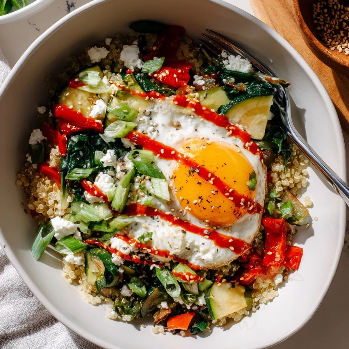 Fluffy quinoa breakfast bowl topped with sautéed peppers, a runny egg, and crumbled feta
