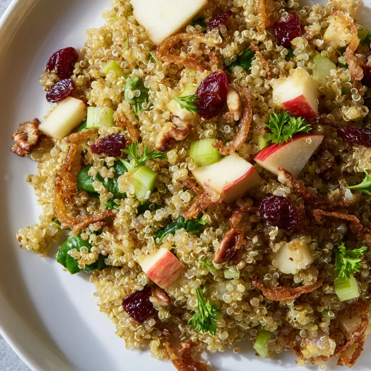 Fluffy quinoa tossed with diced apples and tangy honey mustard dressing on a rustic plate