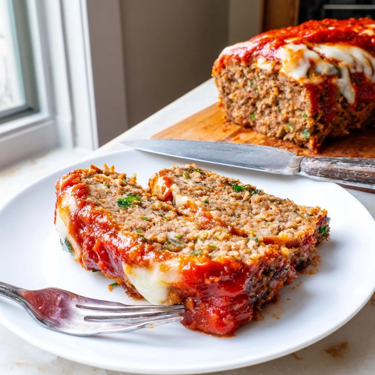Golden Parmesan chicken meatloaf sliced and served with rich marinara sauce