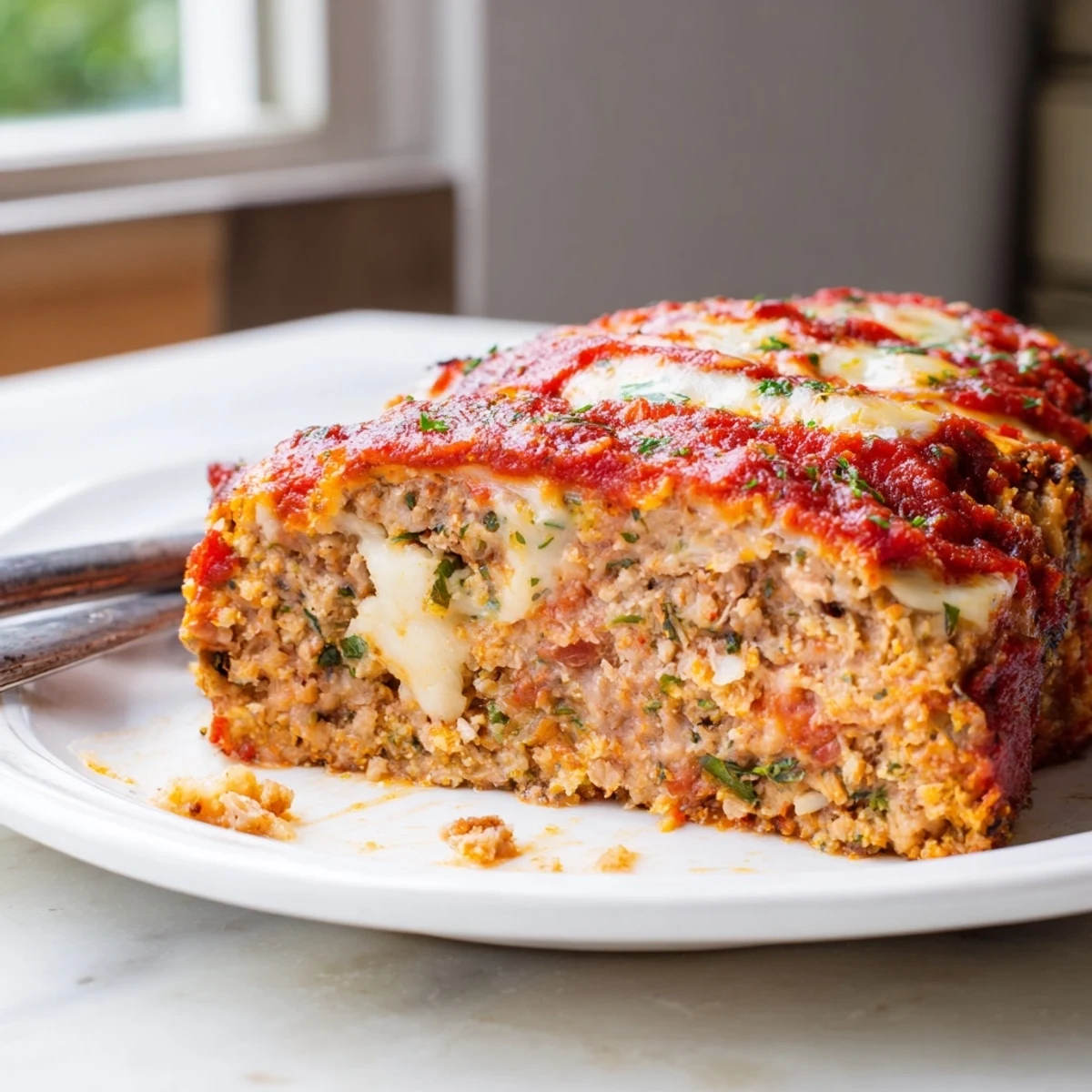 Juicy Parmesan chicken meatloaf topped with melted mozzarella and fresh parsley