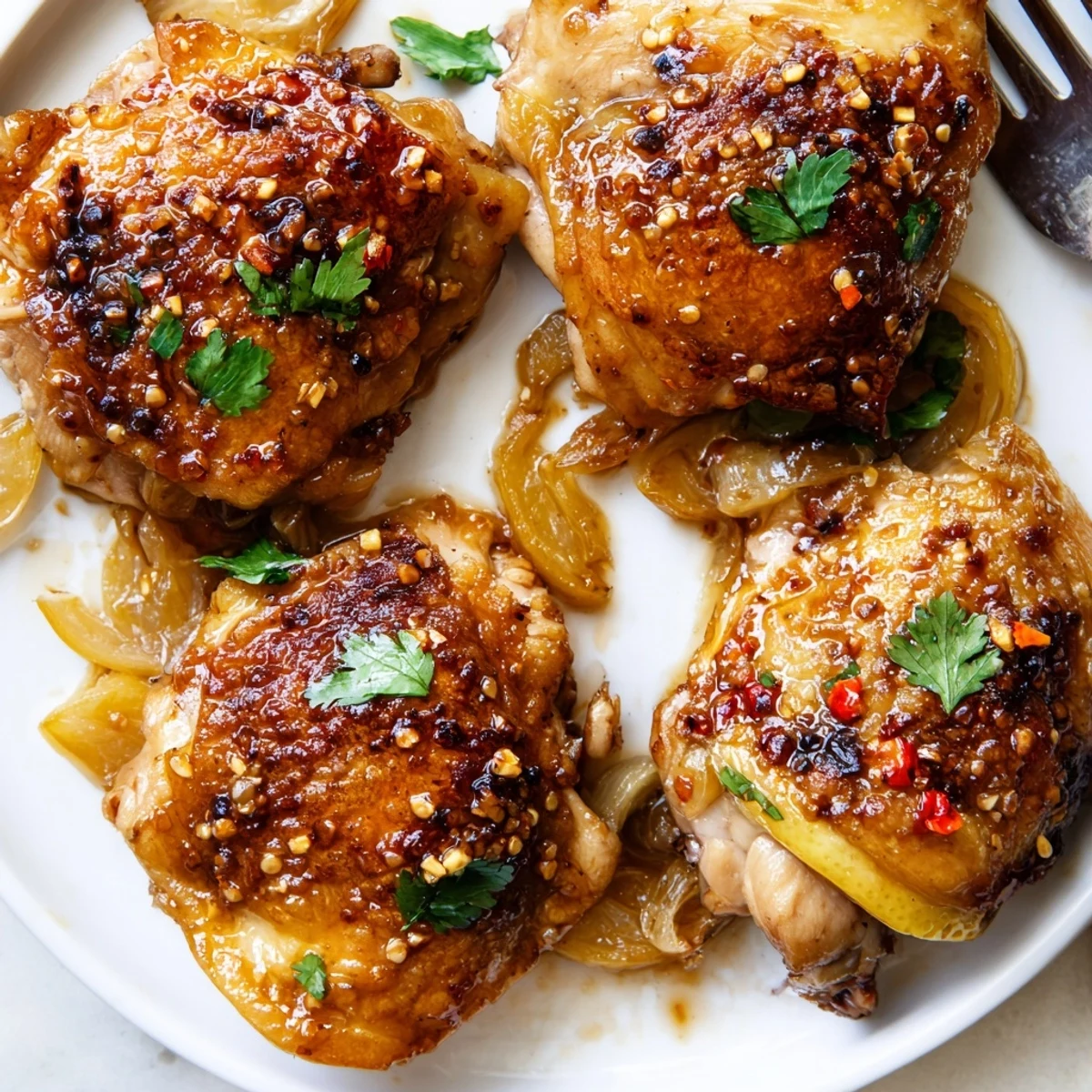 Golden crispy ginger garlic chicken thighs roasted over caramelized onions in a baking dish