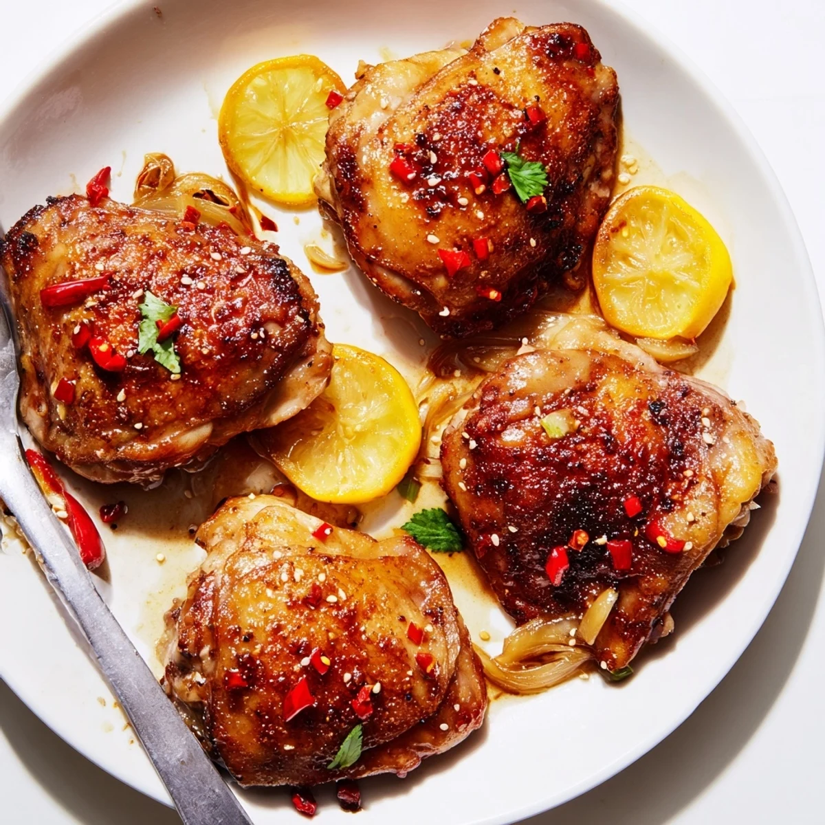 Perfectly baked ginger garlic chicken thighs garnished with fresh cilantro and served steaming hot