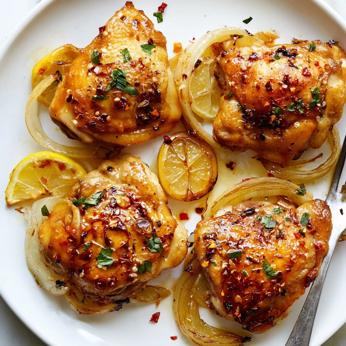 Juicy ginger garlic chicken thighs with glossy golden skin resting on lemon slices