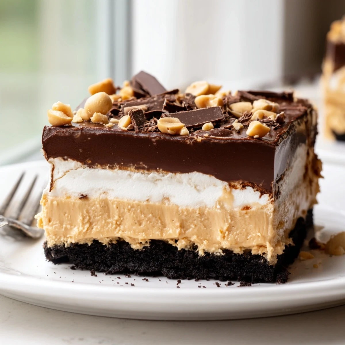 Creamy Peanut Butter Layered Delight with rich chocolate ganache and whipped topping