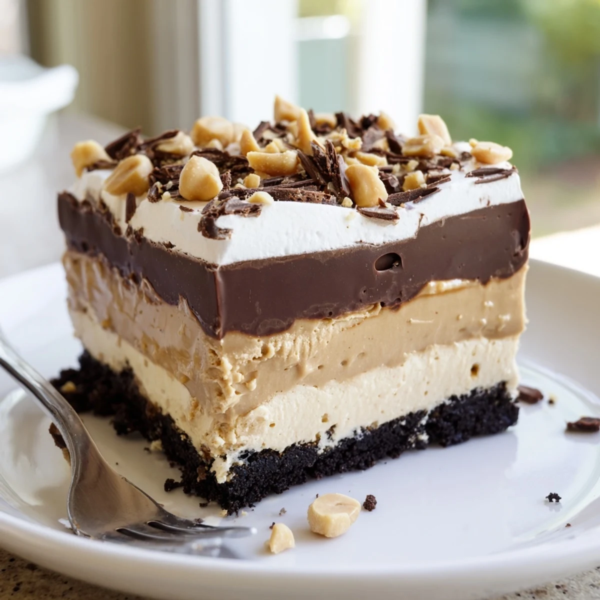 Peanut Butter Layered Delight sliced into squares atop a crunchy cookie crust