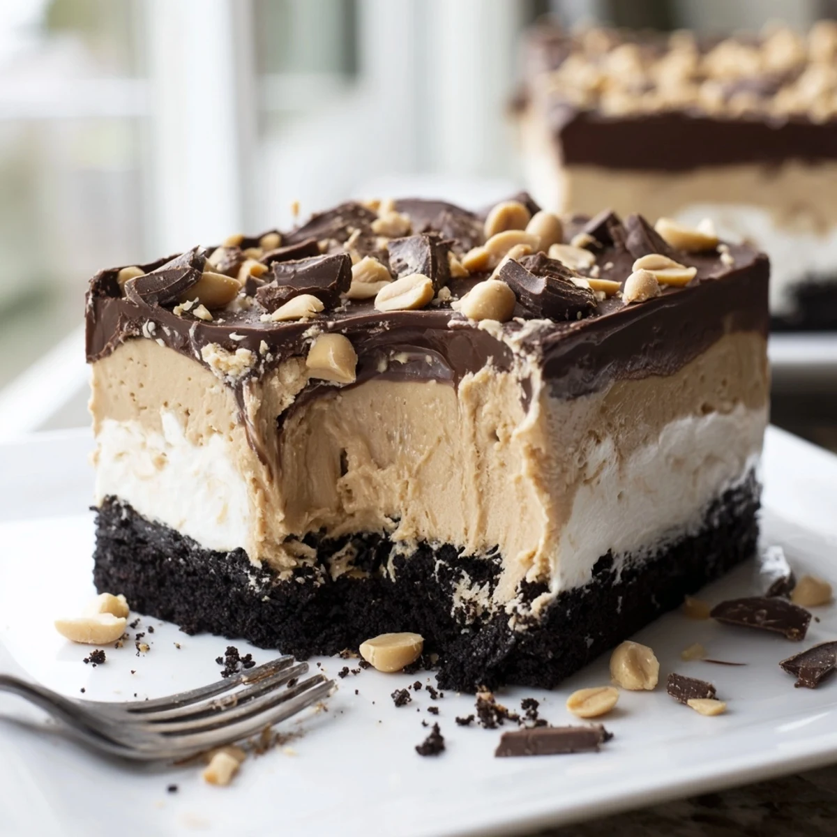 Decadent Peanut Butter Layered Delight crowned with chopped peanuts and chocolate shavings