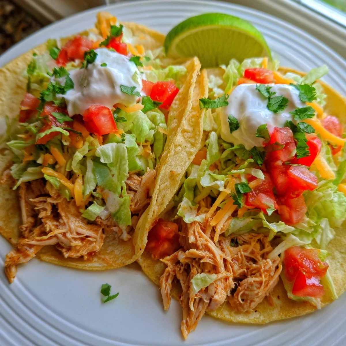 Slow Cooker Ranch Chicken Tacos topped with melted cheese, lettuce, and lime wedges